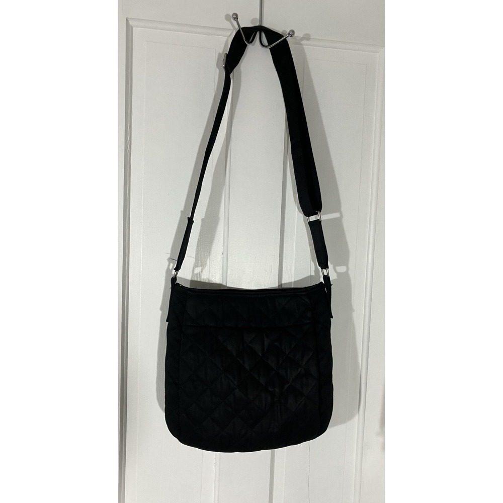Vera Bradley Black Quilted Crossbody Bag Adjustable Strap Zipper Floral Lining - Picture 3 of 9